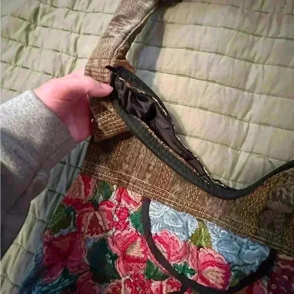 Boho Embroidered Shoulder Bag Floral Hippie Purse Broken Zipper Earthy Tones y2k - Picture 3 of 4